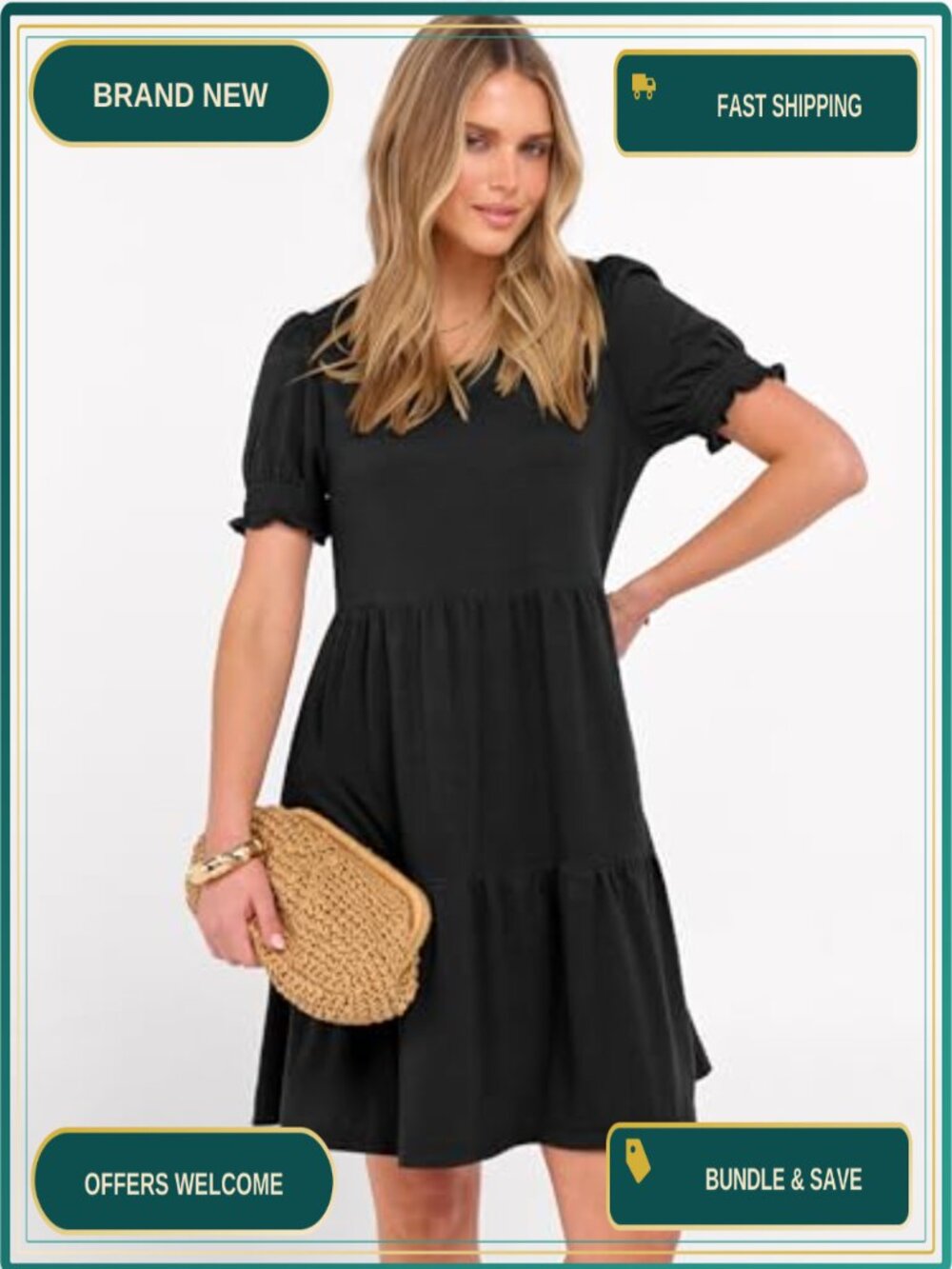 Women's Puff Sleeve Mini Dress with Pockets Casual Summer Flowy A-Line - Picture 3 of 6